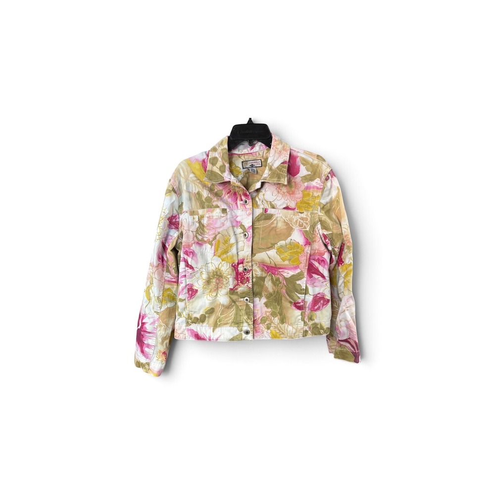 Caribbean Joe Womens Floral Denim Jacket Pink Yellow Green Cotton Blend Large